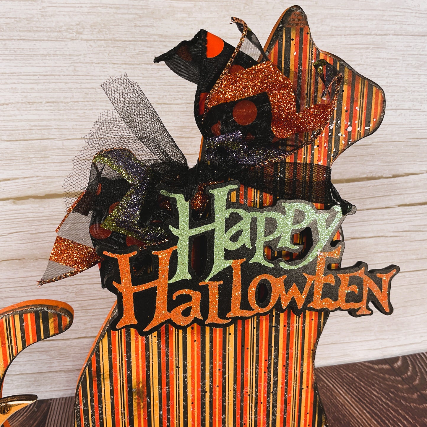 AGSD Halloween Decor - Scaredy Orange Black Striped Cat Wood Sitter