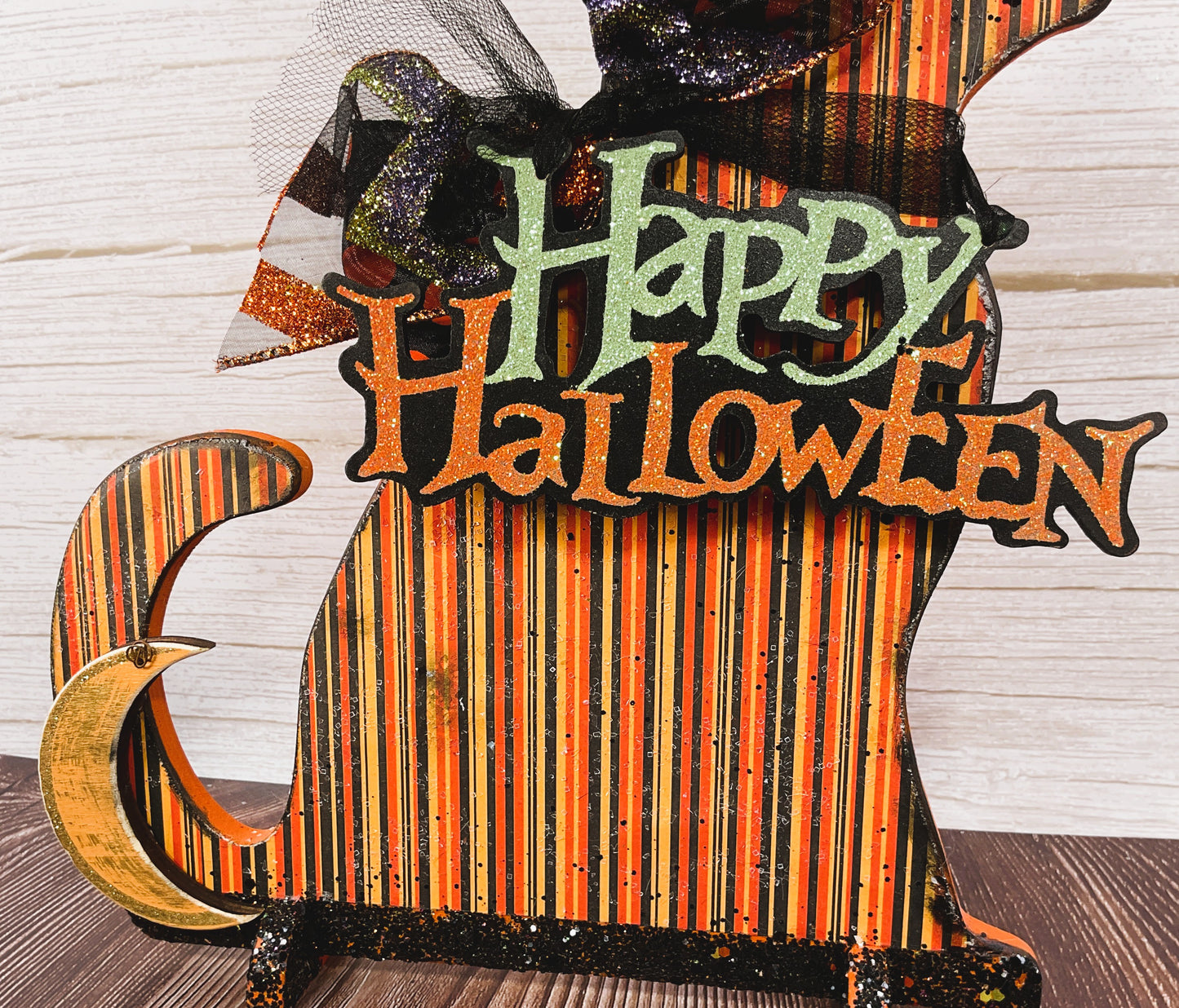 AGSD Halloween Decor - Scaredy Orange Black Striped Cat Wood Sitter