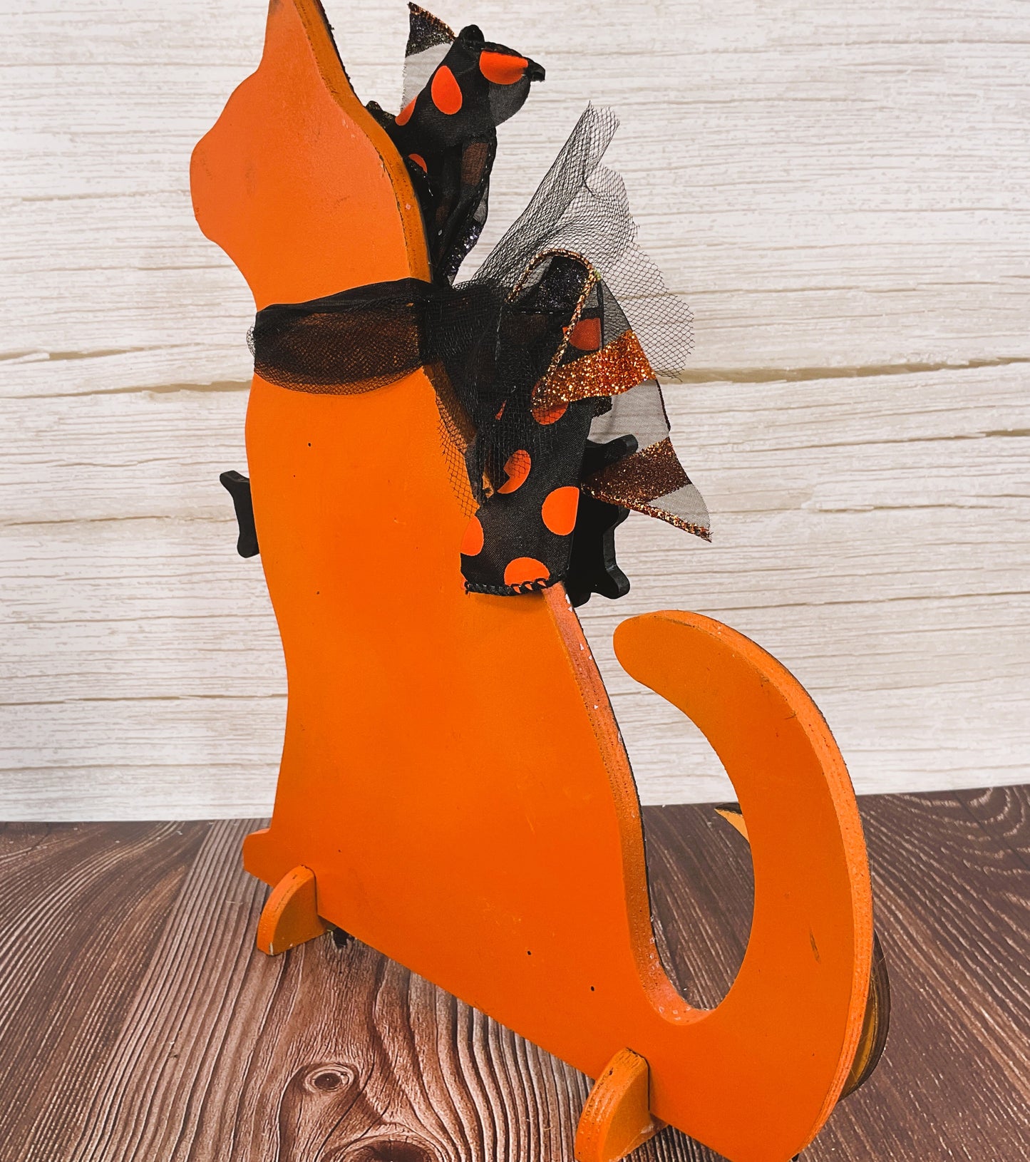 AGSD Halloween Decor - Scaredy Orange Black Striped Cat Wood Sitter