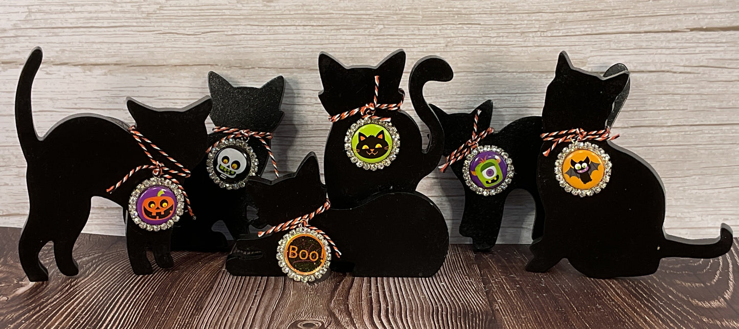AGSD Halloween Decor - Cute Black Cat Silhouette Chunky Wood Sitters 5pc Set