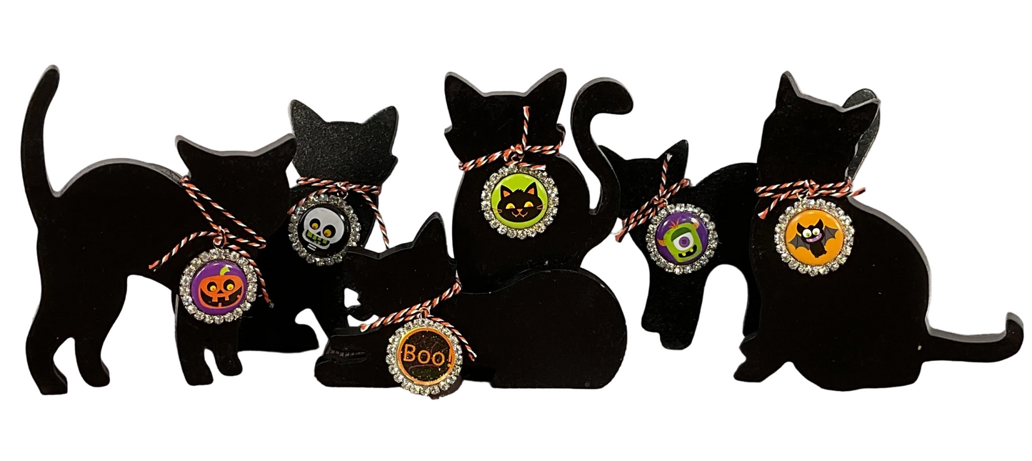 AGSD Halloween Decor - Cute Black Cat Silhouette Chunky Wood Sitters 5pc Set