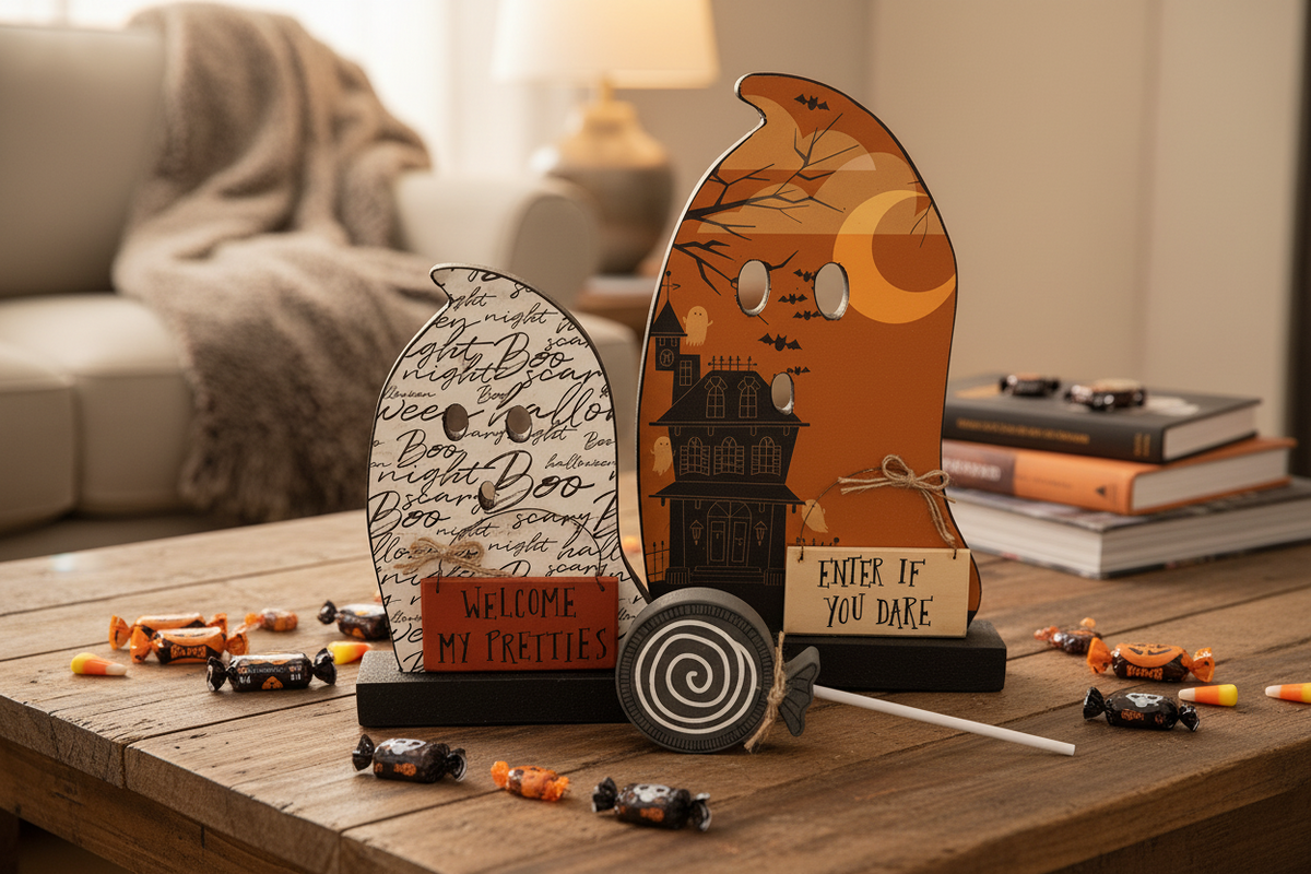 AGSD Halloween Decor - Decoupage Reversible Wood Bats Ghosts LG 2pc Set