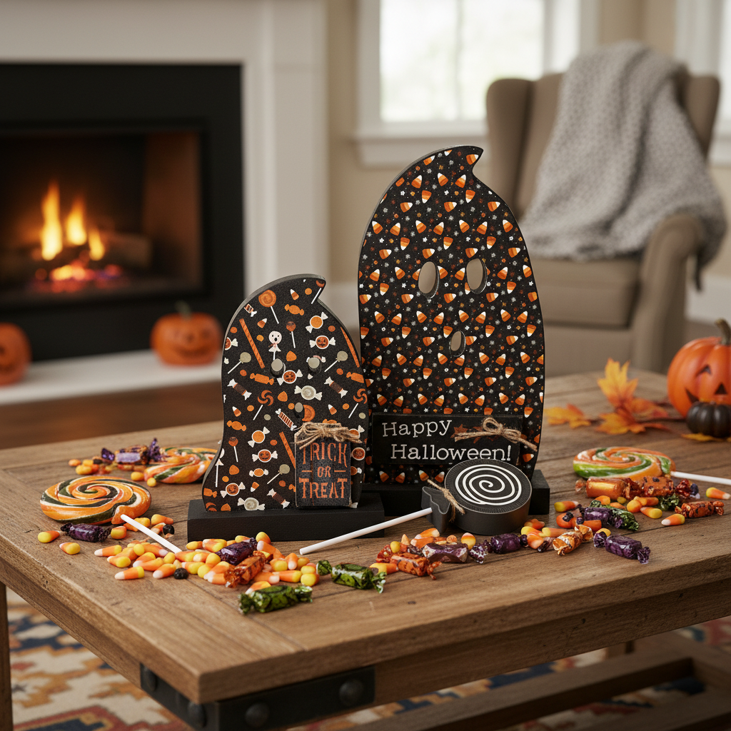 AGSD Halloween Decor - Decoupage Reversible Wood Candy Corn Ghosts LG 2pc Set