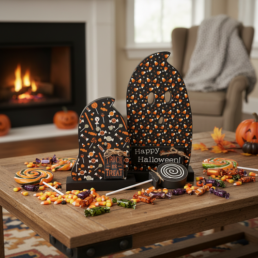 AGSD Halloween Decor - Decoupage Reversible Wood Candy Corn Ghosts LG 2pc Set