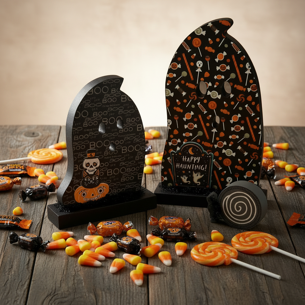 AGSD Halloween Decor - Decoupage Reversible Wood Wrap Candy Ghosts LG 2pc Set