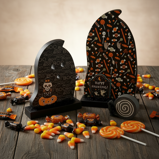 AGSD Halloween Decor - Decoupage Reversible Wood Wrap Candy Ghosts LG 2pc Set