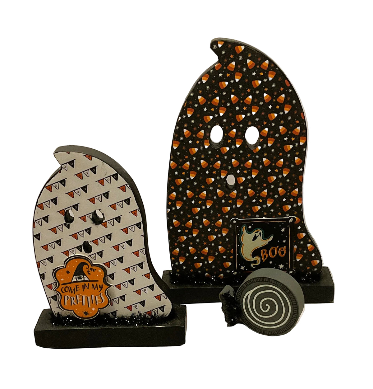 AGSD Halloween Decor - Decoupage Reversible Wood Wrap Candy Ghosts LG 2pc Set