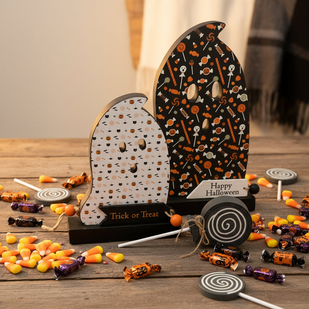 AGSD Halloween Decor - Decoupage Reversible Wood Candy Ghosts LG 2pc Set