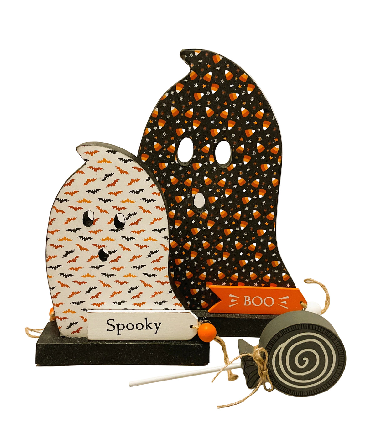 AGSD Halloween Decor - Decoupage Reversible Wood Candy Ghosts LG 2pc Set