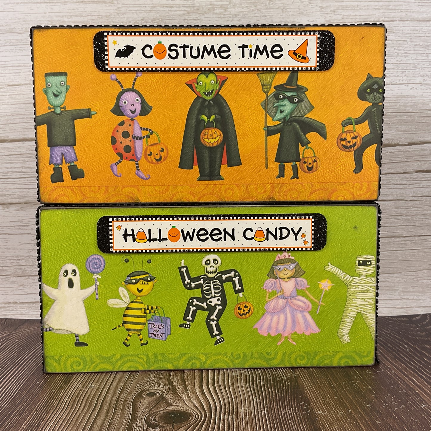 AGSD Halloween Decor - Colorful Kids in Costume Long Box Signs 2pc Set