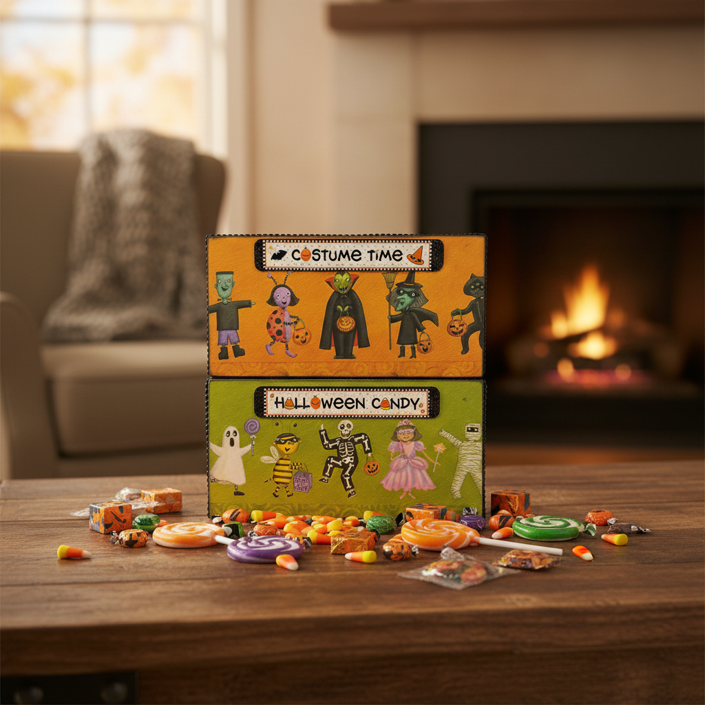 AGSD Halloween Decor - Colorful Kids in Costume Long Box Signs 2pc Set