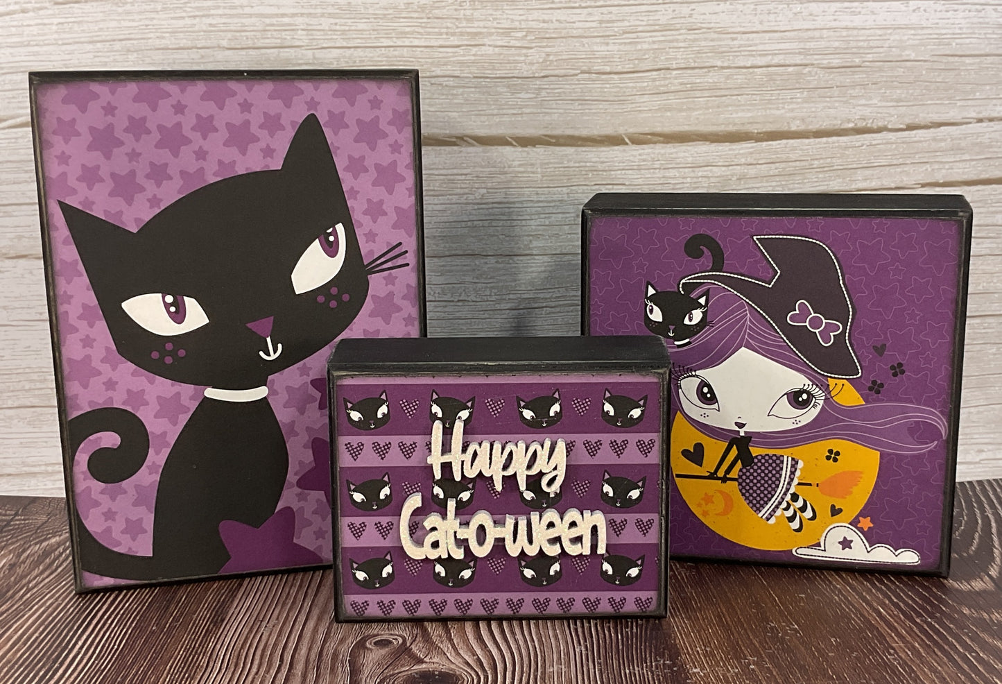 AGSD Halloween Decor - Purple Retro Mid Century Cat Witch Box Signs 3pc Set