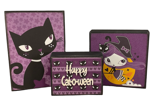 AGSD Halloween Decor - Purple Retro Mid Century Cat Witch Box Signs 3pc Set