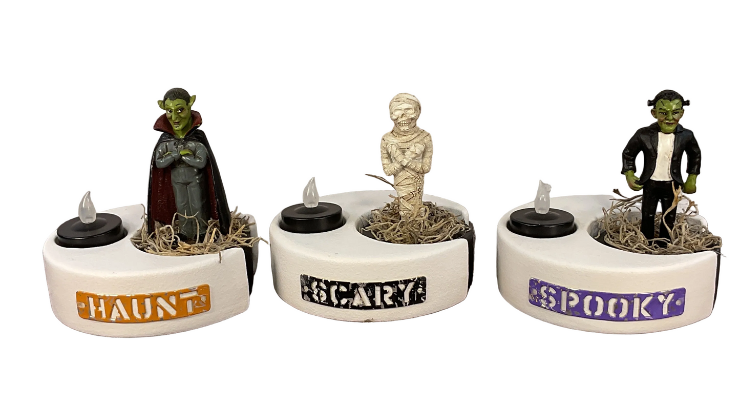 AGSD Halloween Decor - Resin Moon Mummy Vampire Monster LED Tealights Set