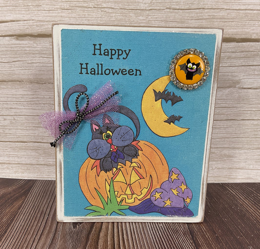 AGSD Halloween Decor - Happy Purple Cat Theme Block Sign