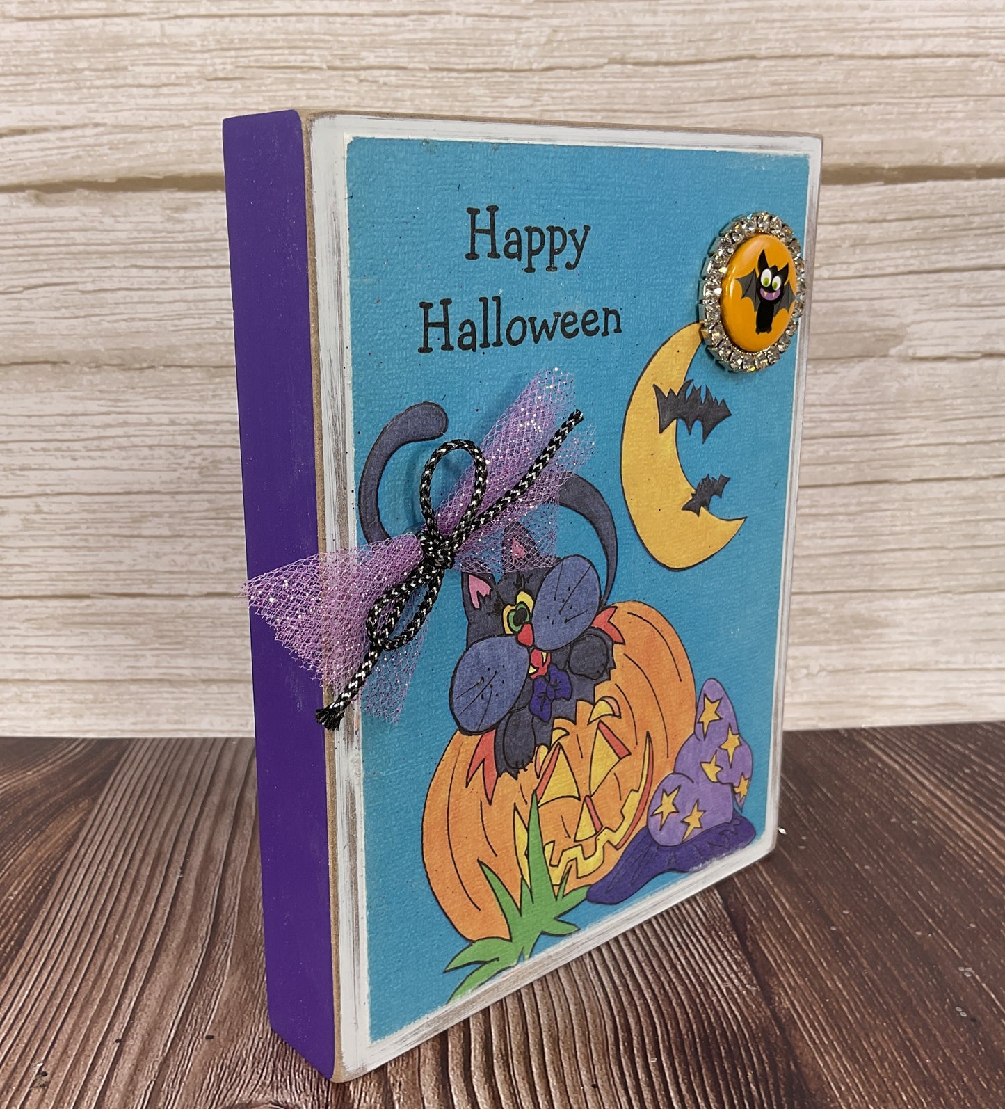 AGSD Halloween Decor - Happy Purple Cat Theme Block Sign