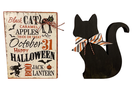 AGSD Halloween Decor - Subway Art Sign & Chunky Black Cat Sitter 2pc Set