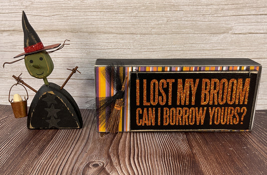 AGSD Halloween Decor - Prim Witch Sitter and Broom Glitter Box Sign