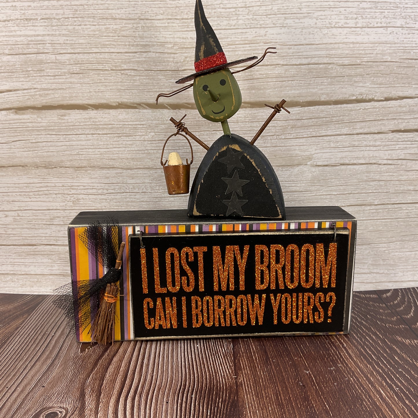 AGSD Halloween Decor - Prim Witch Sitter and Broom Glitter Box Sign