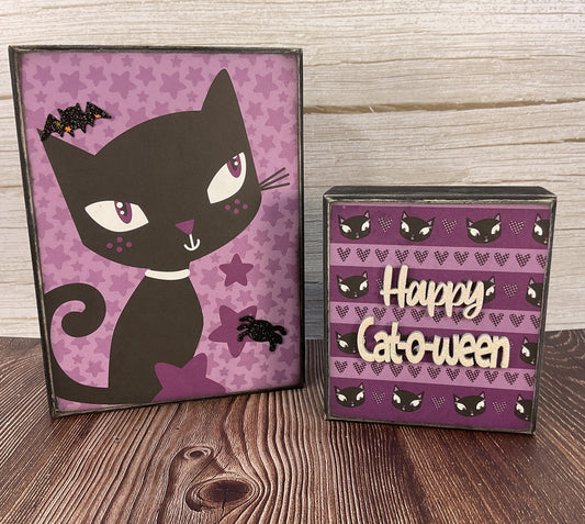 AGSD Halloween Decor - Retro Black Cat & Witch Box Signs 2pc Set