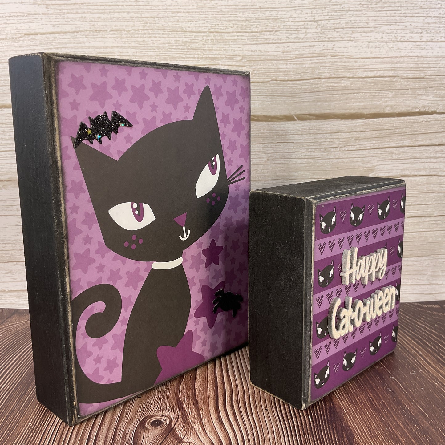 AGSD Halloween Decor - Retro Black Cat & Witch Box Signs 2pc Set