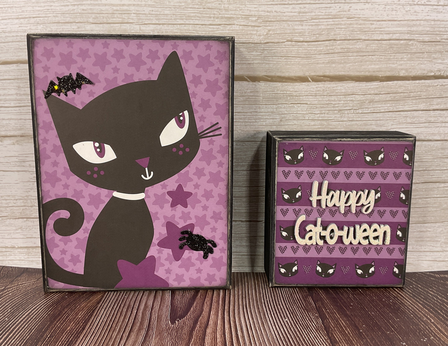 AGSD Halloween Decor - Retro Black Cat & Witch Box Signs 2pc Set