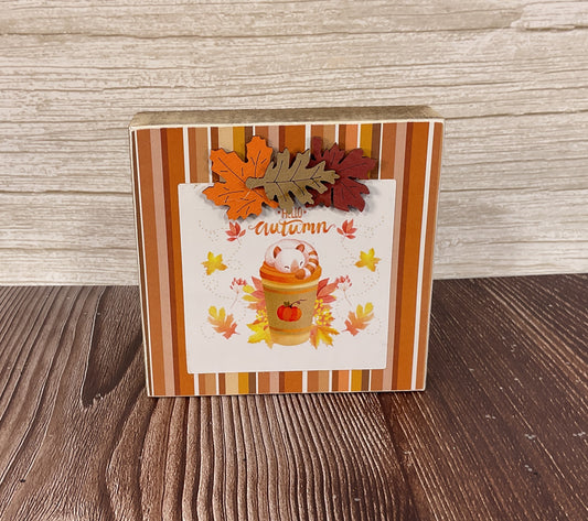 AGSD Fall Decor - Cat Theme Hello Autumn Pumpkin Latte Coffee Small Block Sign