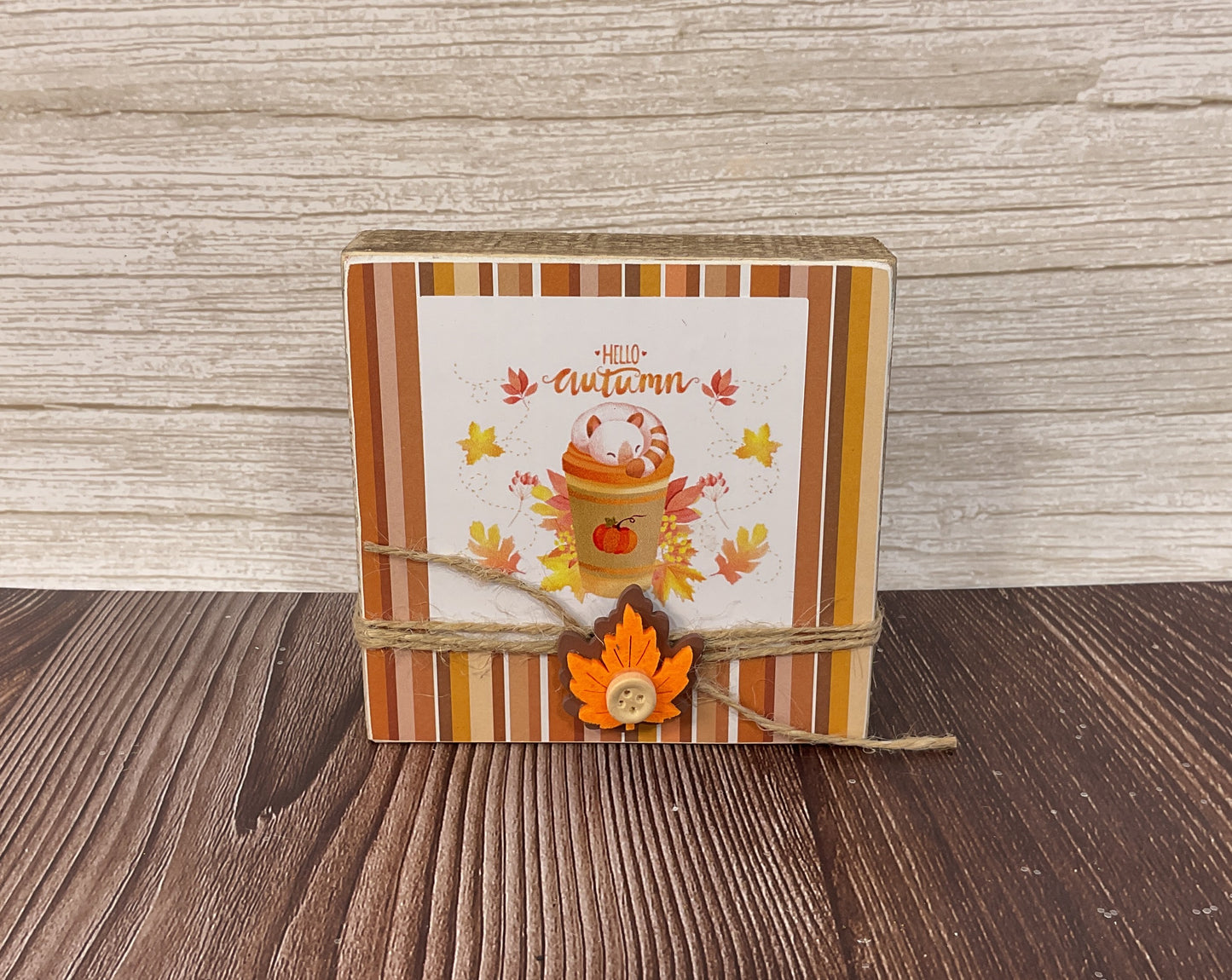 AGSD Fall Decor - Cat Theme Hello Autumn Pumpkin Latte Coffee Block Sign