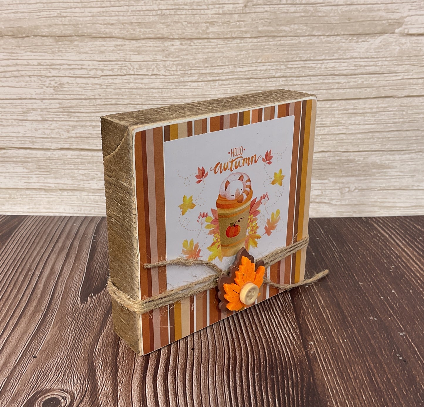 AGSD Fall Decor - Cat Theme Hello Autumn Pumpkin Latte Coffee Block Sign