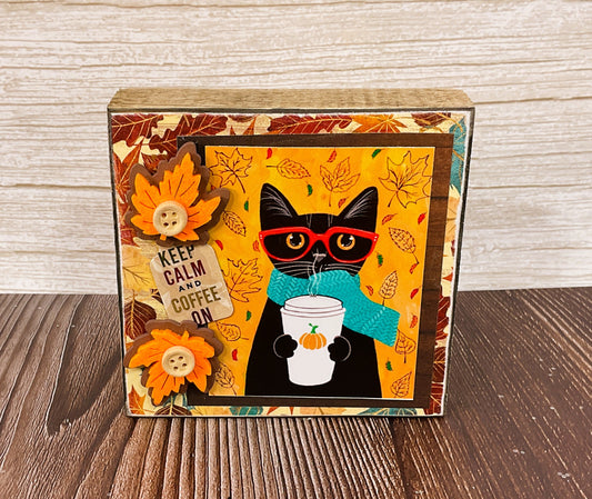 AGSD Fall Decor - Cat Theme Autumn Pumpkin Latte Coffee Block Sign