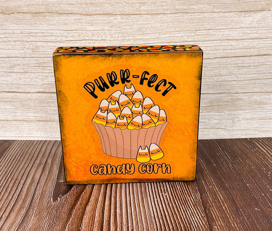 AGSD Halloween Decor - Kitty Cat Theme Purr-fect Candy Corn Block Sign