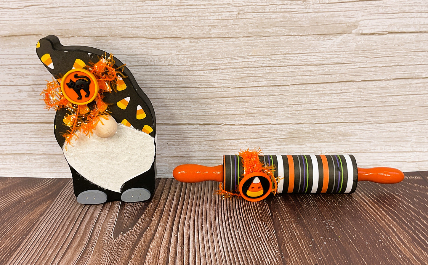 AGSD Halloween Decor - Gnome & Candy Wood Rolling Pin Tier Tray 2pc Set