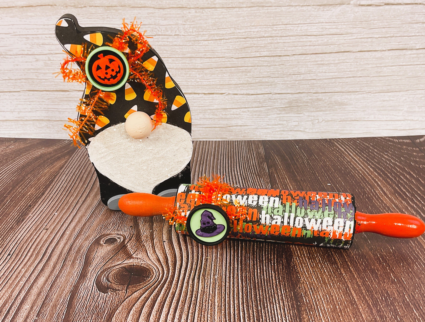 AGSD Halloween Decor - Gnome & Candy Wood Rolling Pin Tier Tray 2pc Set