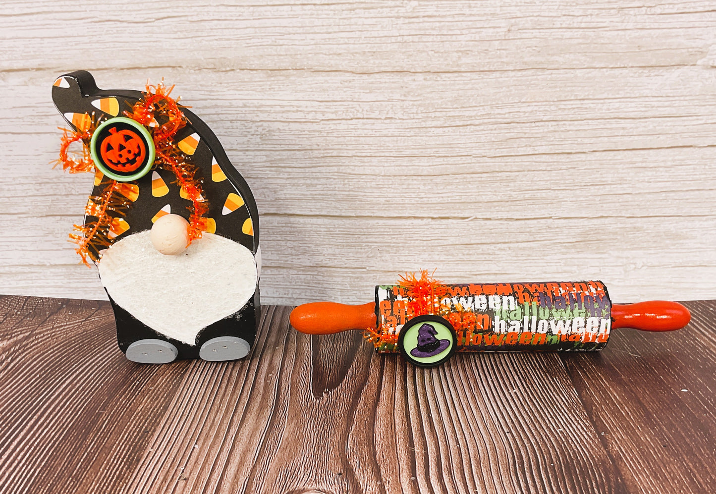 AGSD Halloween Decor - Gnome & Candy Wood Rolling Pin Tier Tray 2pc Set