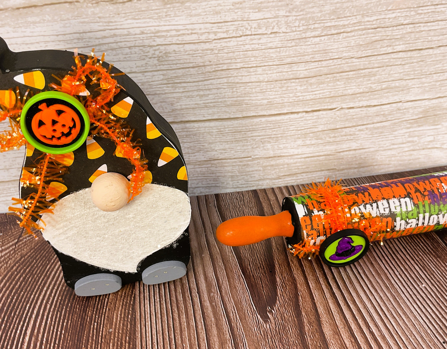 AGSD Halloween Decor - Gnome & Candy Wood Rolling Pin Tier Tray 2pc Set
