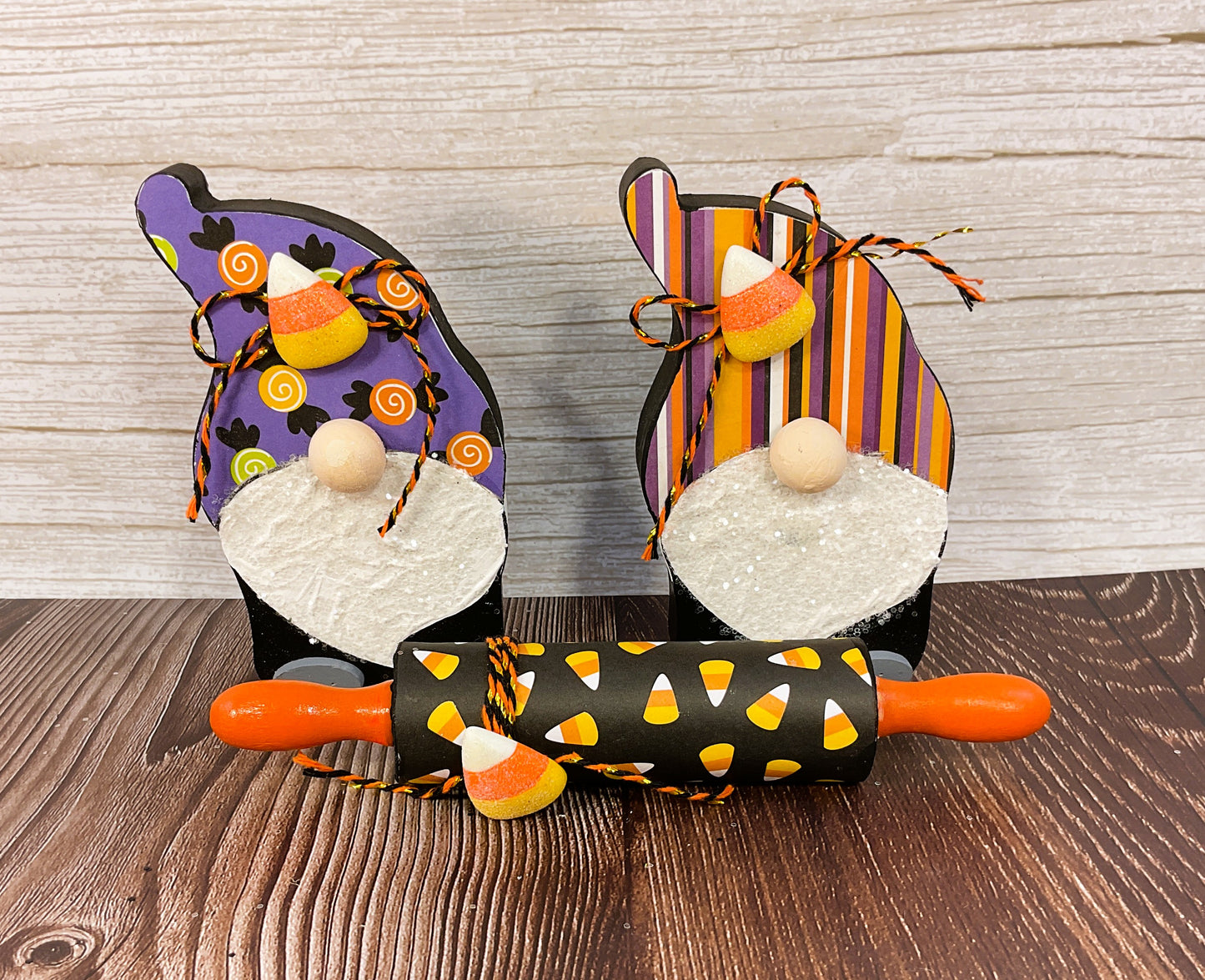 AGSD Halloween Decor - Gnomes & Candy Corn Wood Rolling Pin Tier Tray 3pc Set