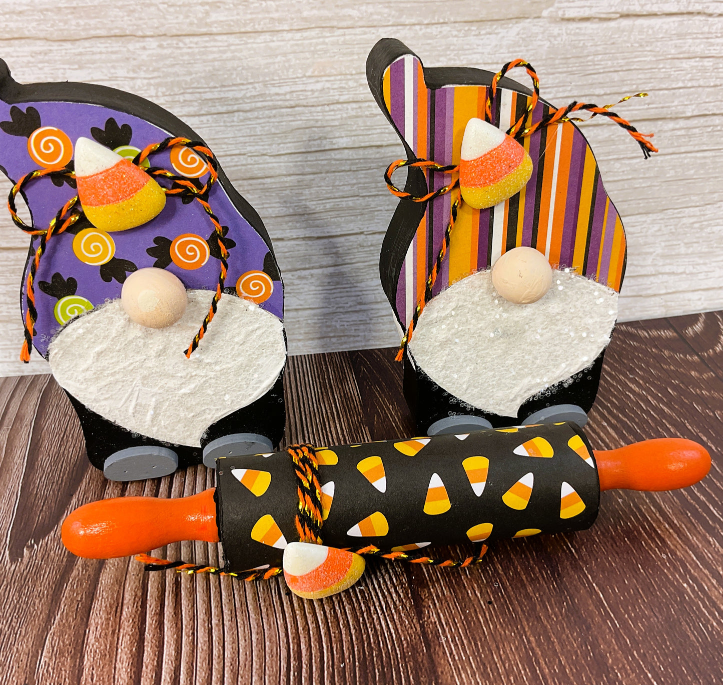 AGSD Halloween Decor - Gnomes & Candy Corn Wood Rolling Pin Tier Tray 3pc Set