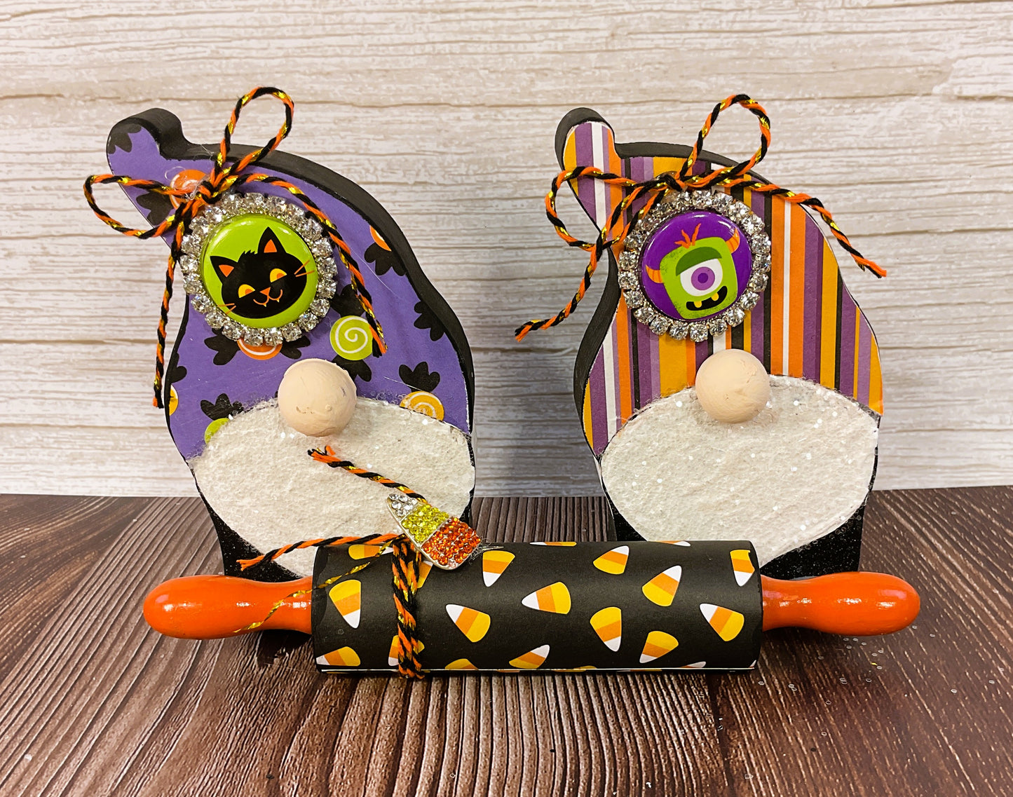 AGSD Halloween Decor - Gnomes Candy Corn Wood Rolling Pin Tier Tray 3pc Set