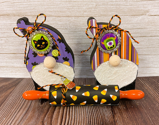 AGSD Halloween Decor - Gnomes Candy Corn Wood Rolling Pin Tier Tray 3pc Set