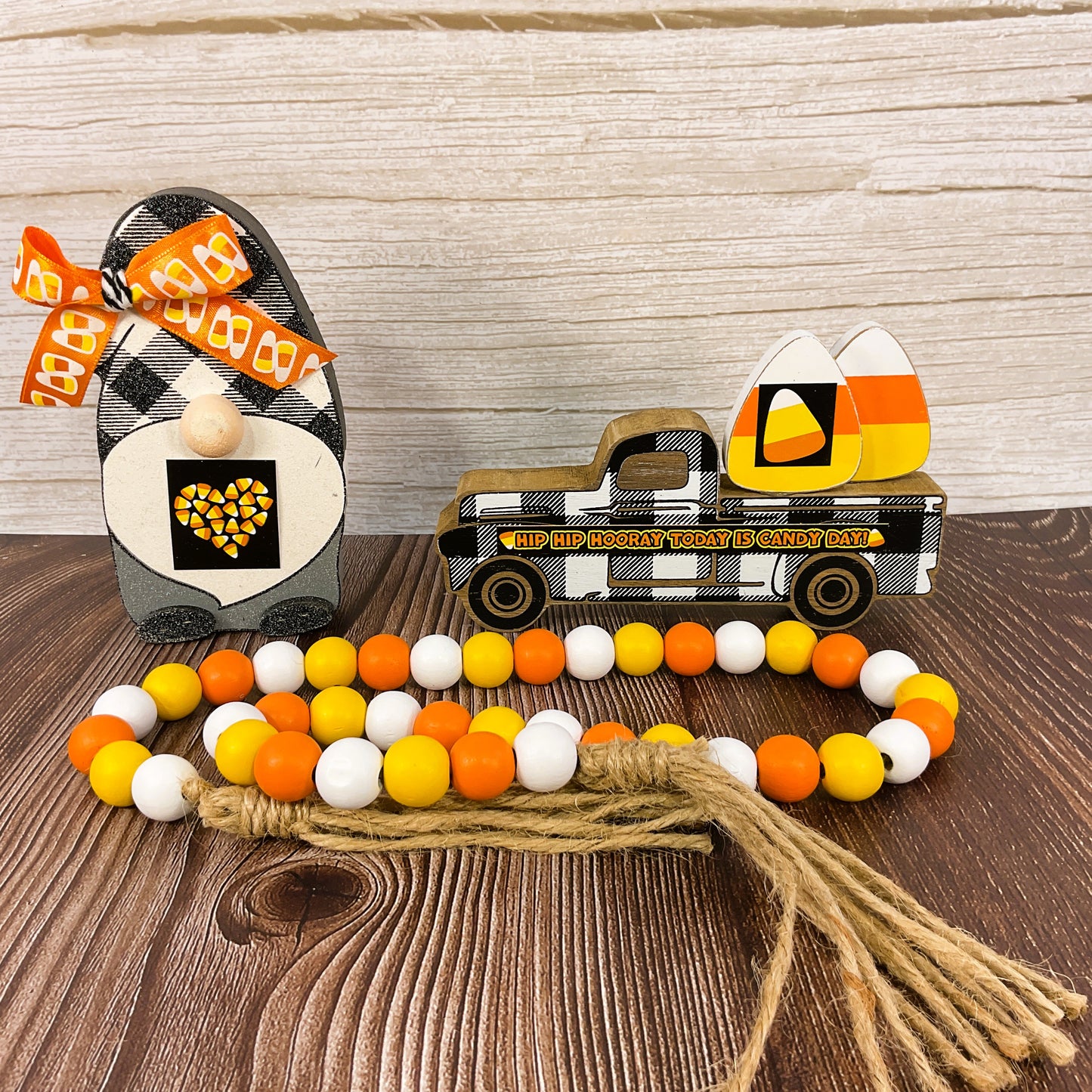 AGSD Halloween Decor - Truck Gnome Candy Corn Wood Sitters Garland 3pc Set