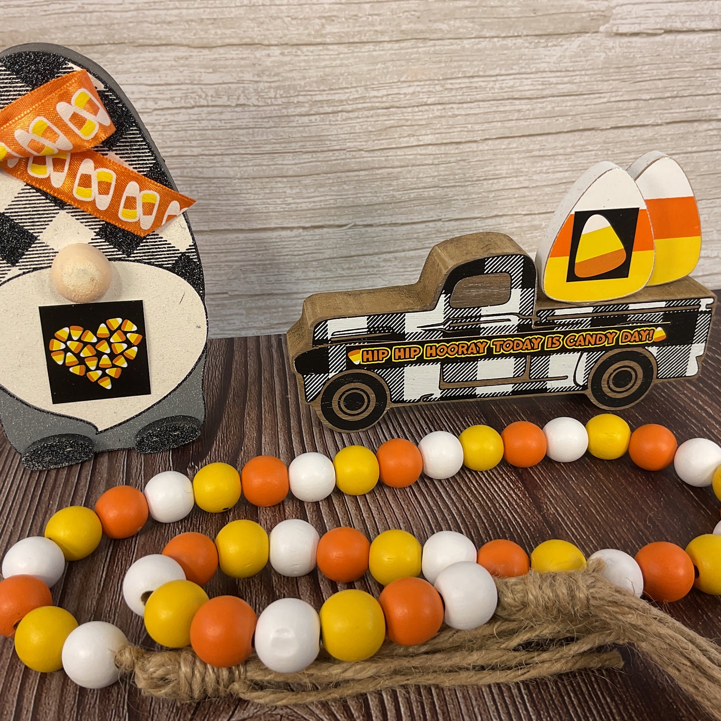 AGSD Halloween Decor - Truck Gnome Candy Corn Wood Sitters Garland 3pc Set