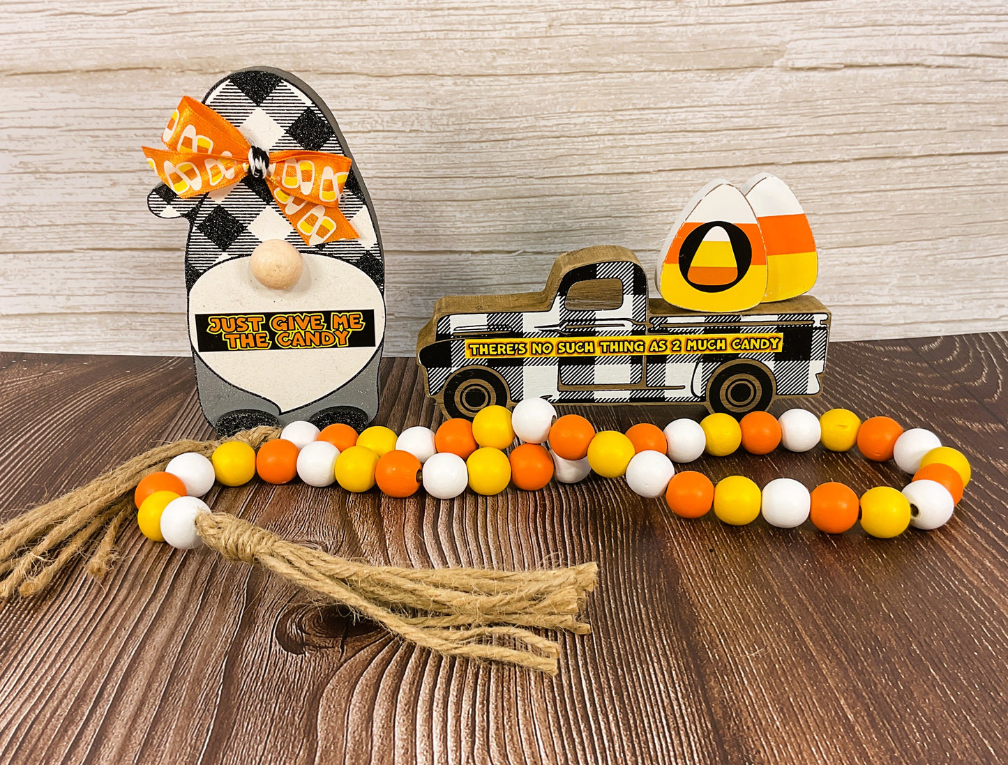 AGSD Halloween Decor - Truck Gnome Candy Corn Wood Sitters & Garland 3pc Set