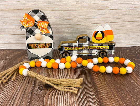 AGSD Halloween Decor - Truck Gnome Candy Corn Wood Sitters & Garland 3pc Set