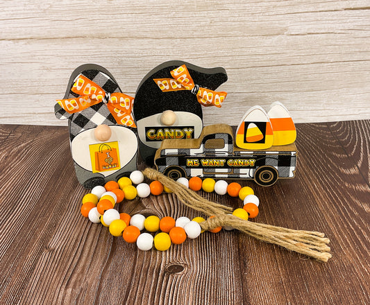 AGSD Halloween Decor - Truck Gnomes Candy Corn Wood Sitters Garland 4pc Set