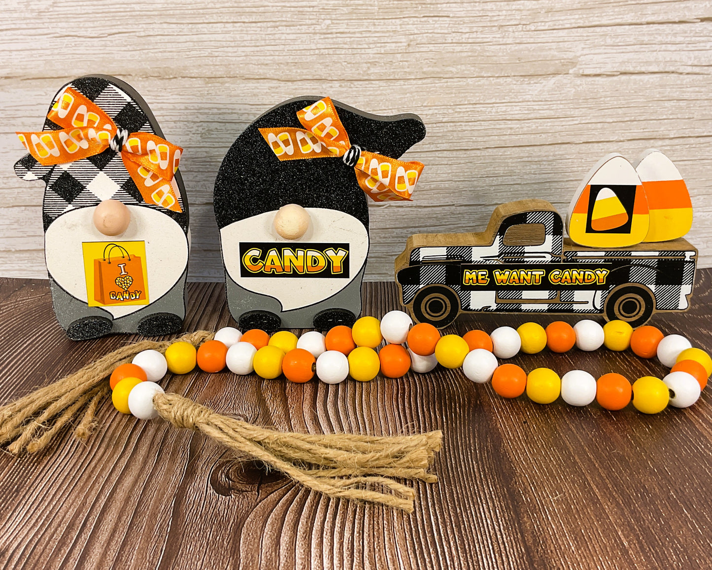AGSD Halloween Decor - Truck Gnomes Candy Corn Wood Sitters Garland 4pc Set