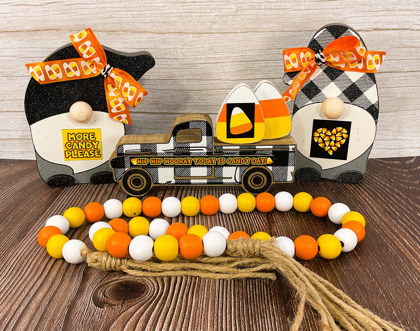 AGSD Halloween Decor - Truck Gnomes Candy Corn Wood Sitters Garland 4pc Set