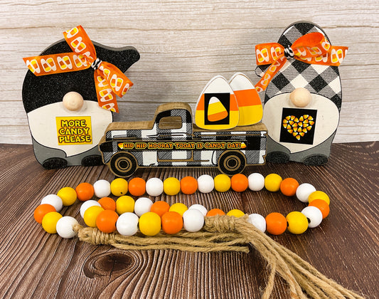 AGSD Halloween Decor - Truck Gnomes Candy Corn Wood Sitters Garland 4pc Set