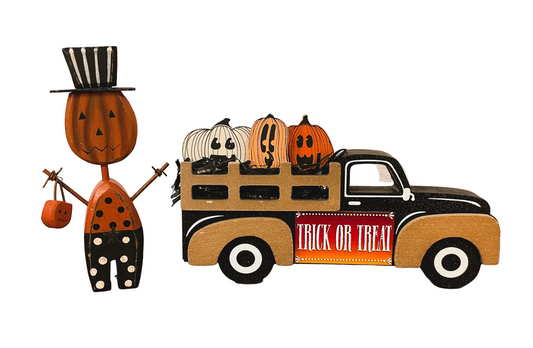 AGSD Halloween Decor - Vintage Pumpkin Wood Truck & Jack-o-lantern 2pc Set