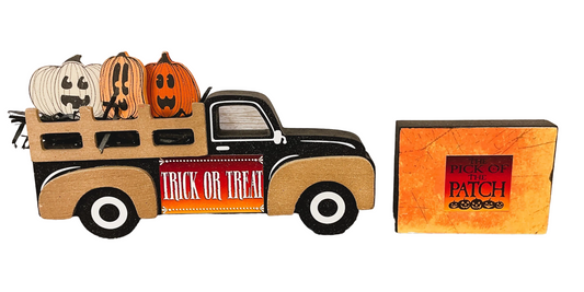 AGSD Halloween Decor - Vintage Trick Treat Wood Truck & Sign 2pc Set