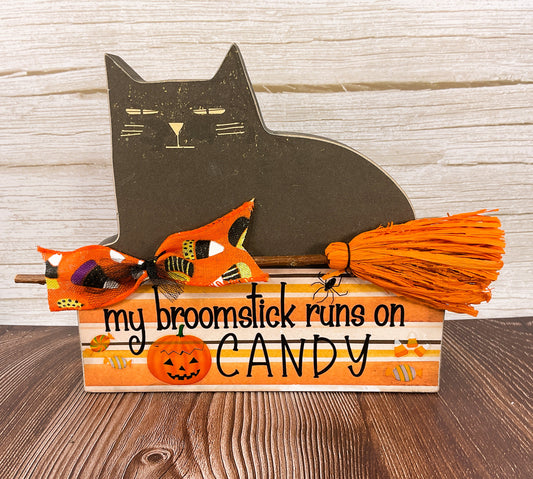 AGSD Halloween Decor - Broom Stick Candy Corn Black Cat Block Sitter Sign